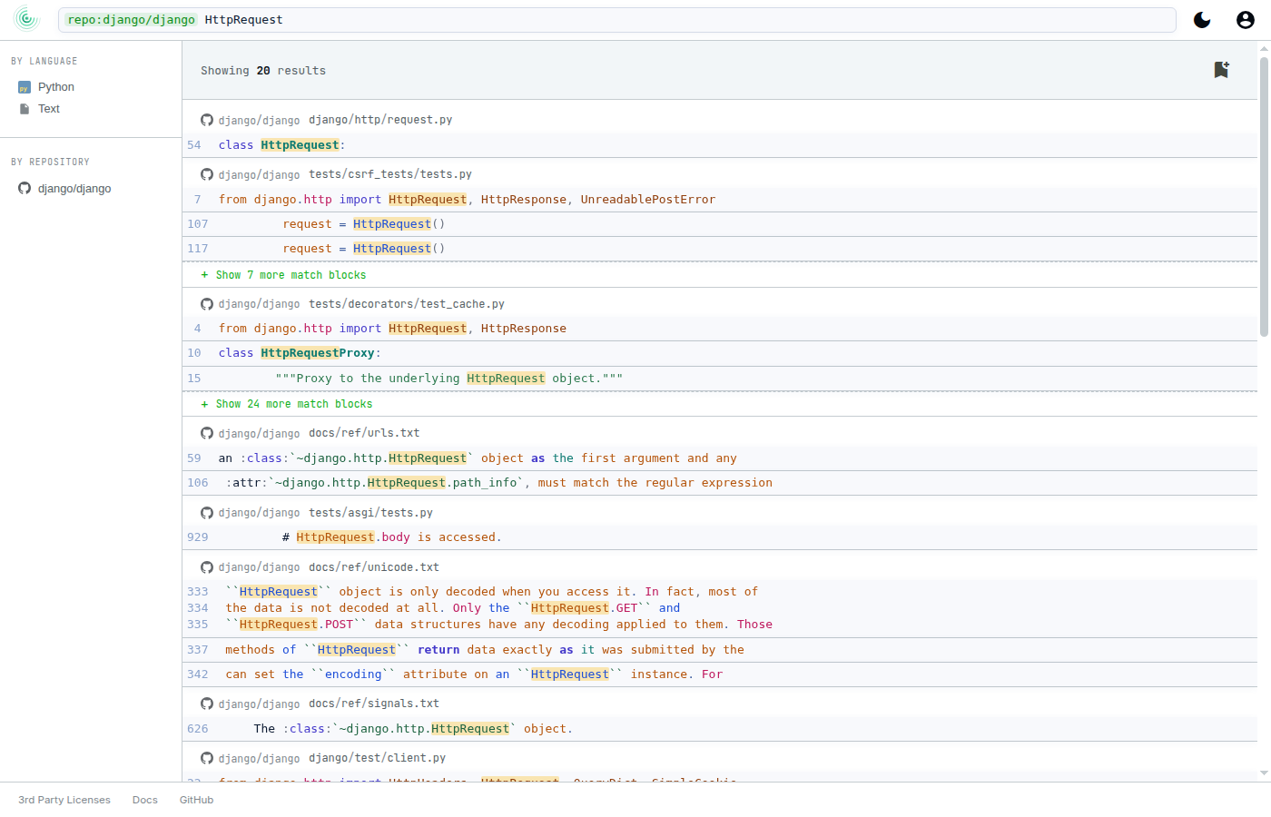 Grove cross-repo search results